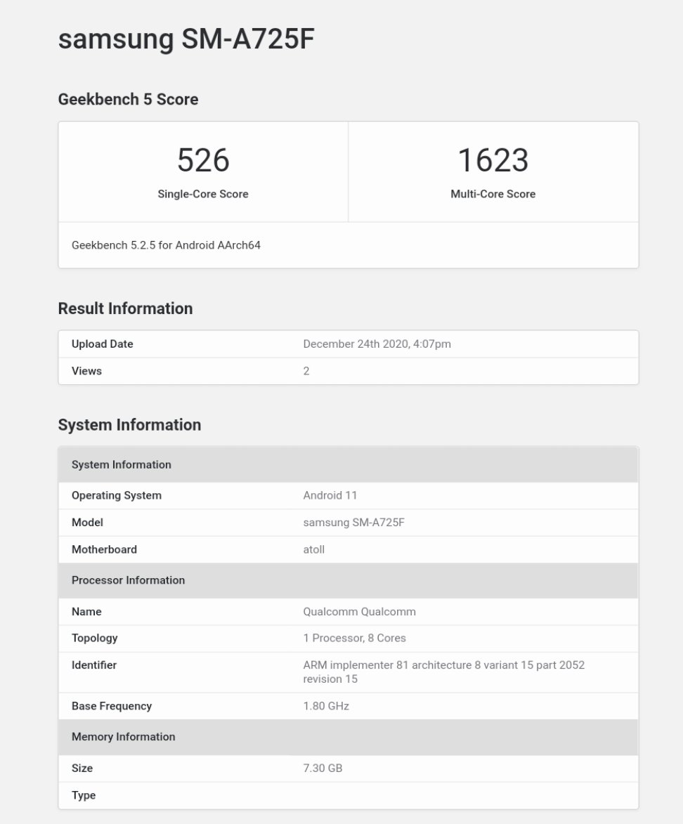 Samsung Galaxy A72 4G GeekBench score
