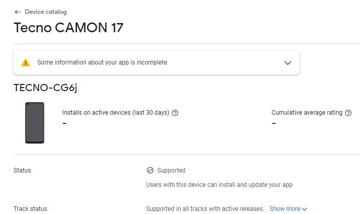 Tecno Camon 17 on Google play console