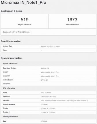 Micromax In Note 1 Pro Geekbench